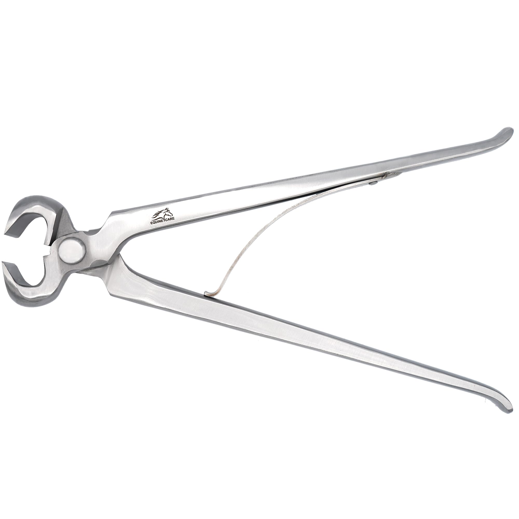 Equine Care spring-loaded hoof nippers 10-inch blade close-up for precise trims and durability.