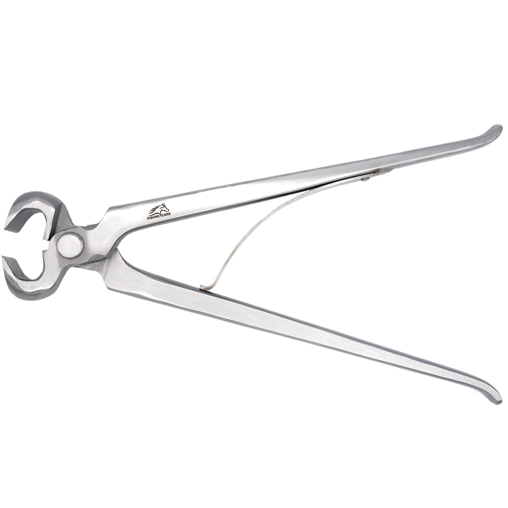 Equine Care spring-loaded hoof nippers 10-inch blade close-up for precise trims and durability.