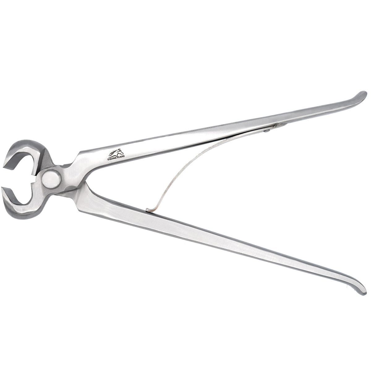 Equine Care spring-loaded hoof nippers 10-inch blade close-up for precise trims and durability.