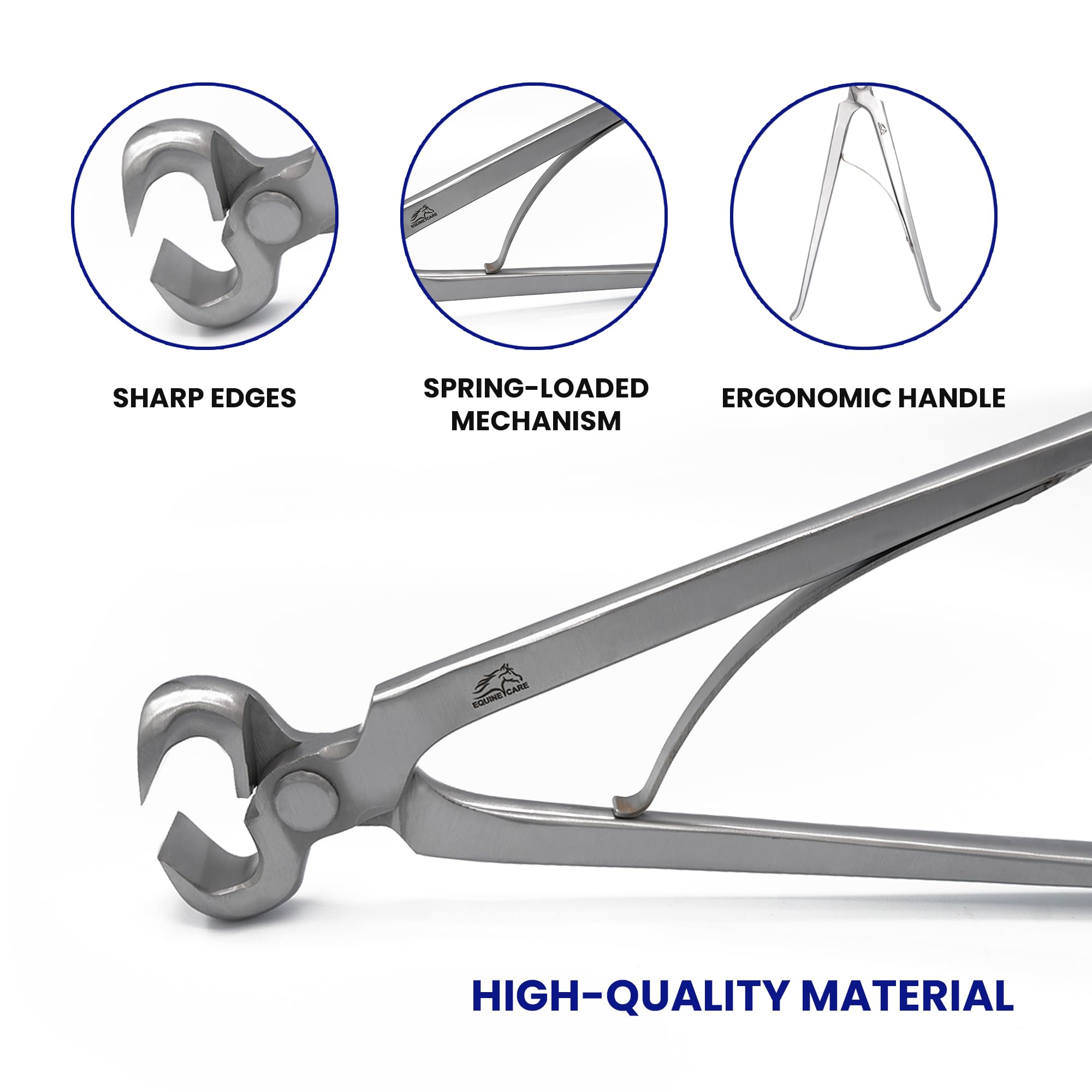 Equine Care rust-resistant dull-polished finish with pre-lubricated hinge for durability.
