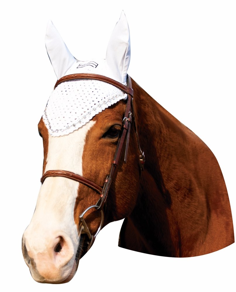 Equine Couture fly bonnet with crystals highlights ears, offering fly protection and stylish shine.