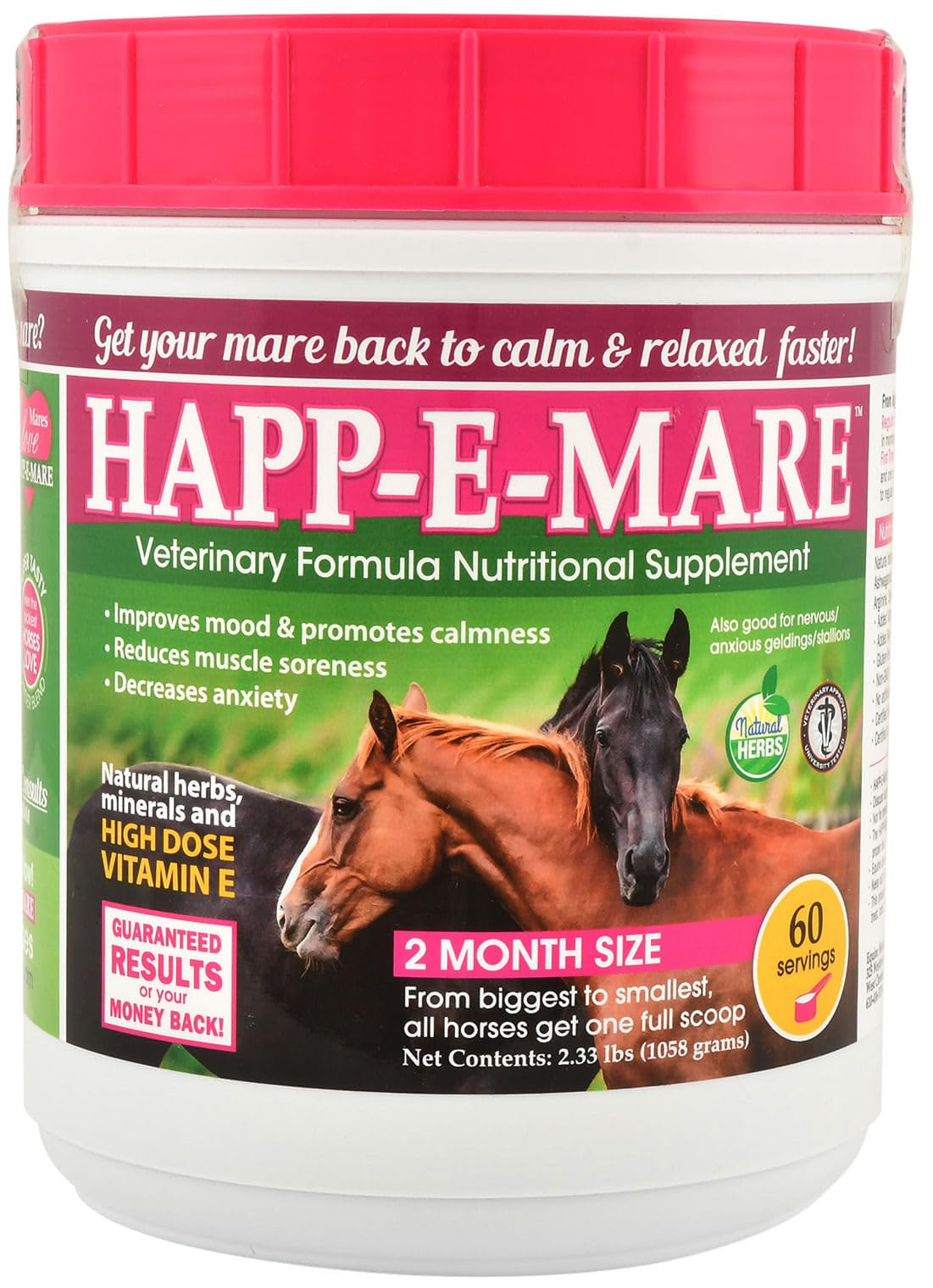 Equine Medical Happ-E-Mare bottle promotes calm mood support for riding comfort.