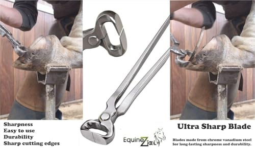 Equinez Tools hoof nipper blade close-up highlights vanadium steel edge for precise trims