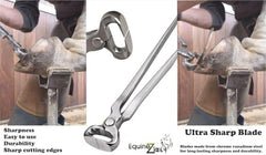 Equinez Tools hoof nipper blade close-up highlights vanadium steel edge for precise trims
