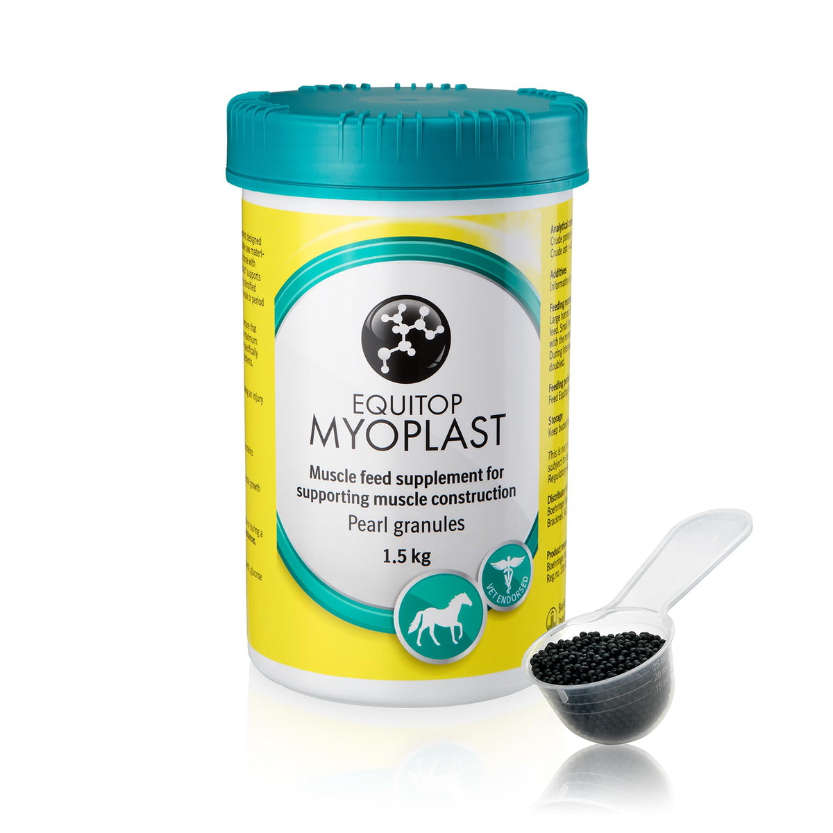 Equitop Myoplast bottle label shows trusted amino acid blend for lean muscle support.