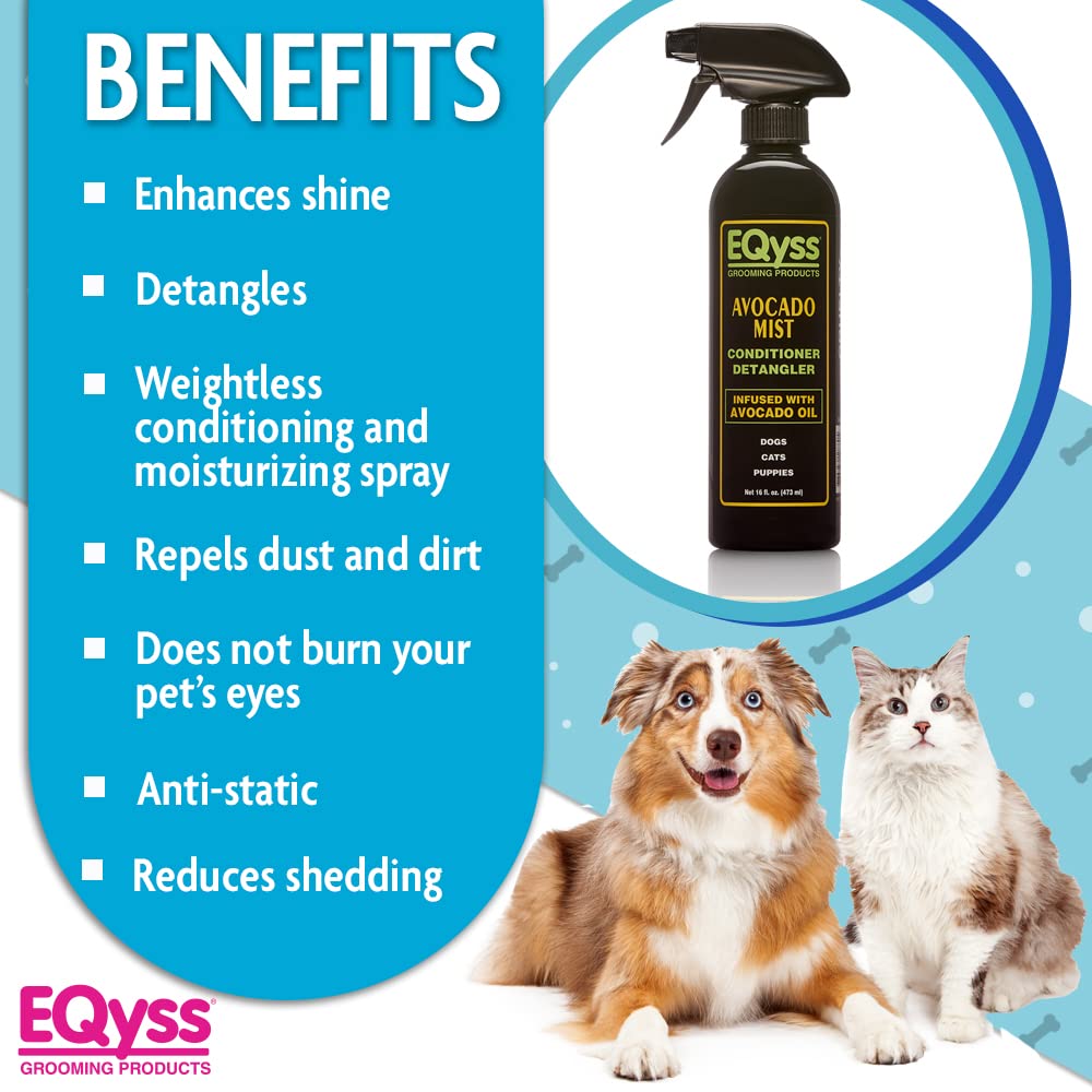 Eqyss Avocado Mist brush-through fur shows detangling and shine after misting.