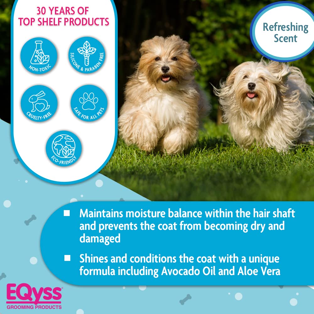 Eqyss Avocado Mist on dog and cat fur highlights anti-static properties.