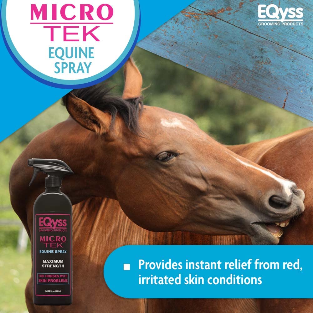 Eqyss Micro-Tek spray application on horse coat for soothing relief and residue-free finish.