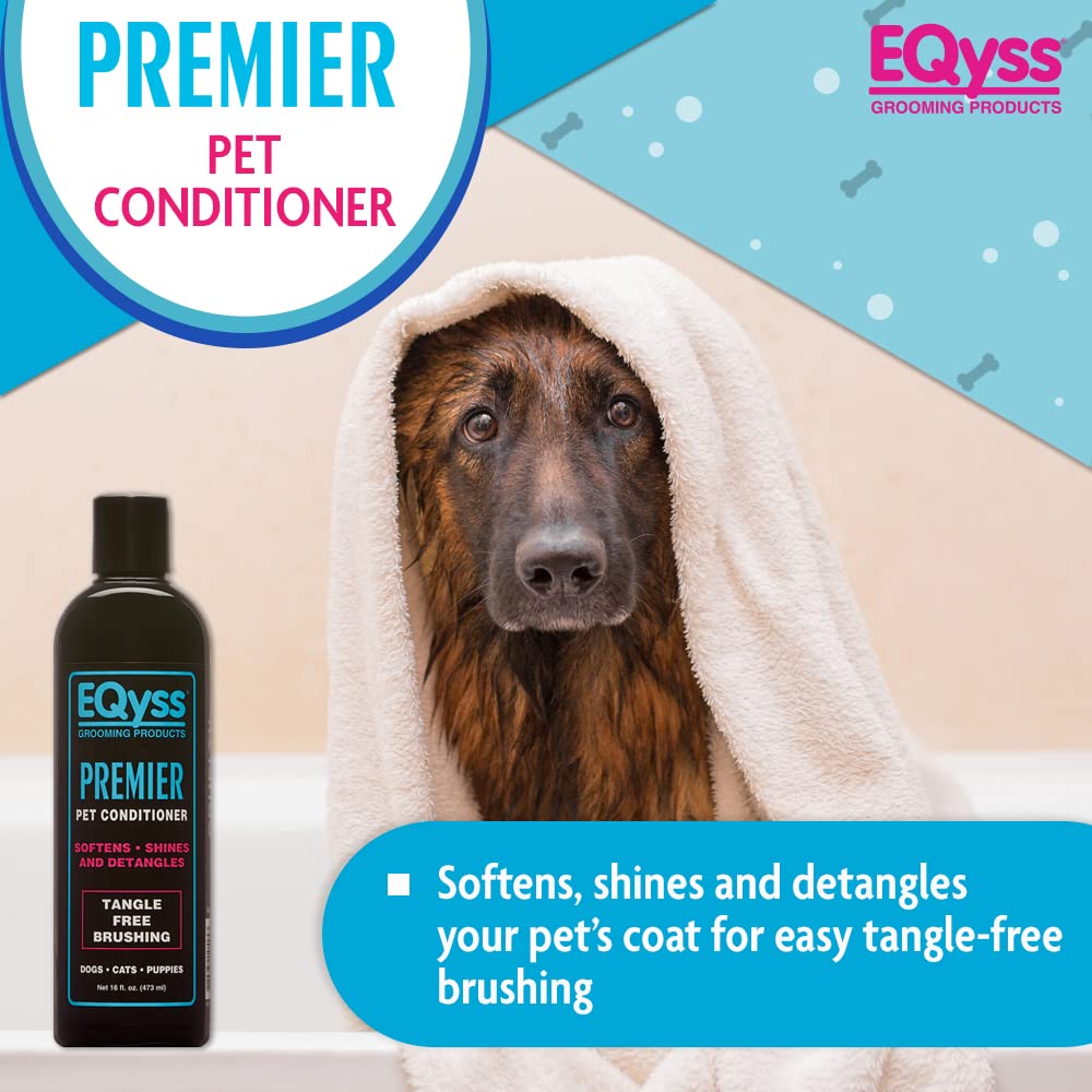Eqyss Premier Pet Conditioner on wet coat, detangles knots for comfortable brushing.