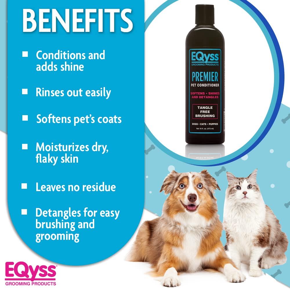 Eqyss Premier Pet Conditioner close-up on fur, leaves soft, shiny, flyaway-free coat.
