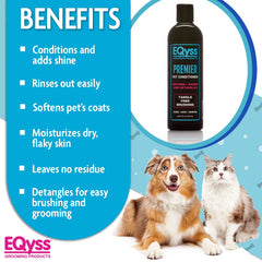 Eqyss Premier Pet Conditioner close-up on fur, leaves soft, shiny, flyaway-free coat.