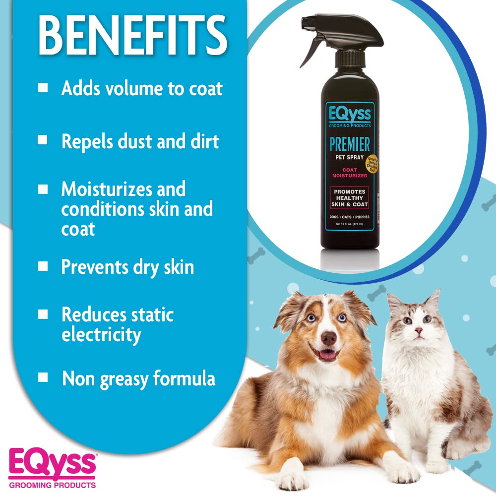 Eqyss Premier Pet Spray-dust-repellent illustrates how it helps repel dust and dirt.