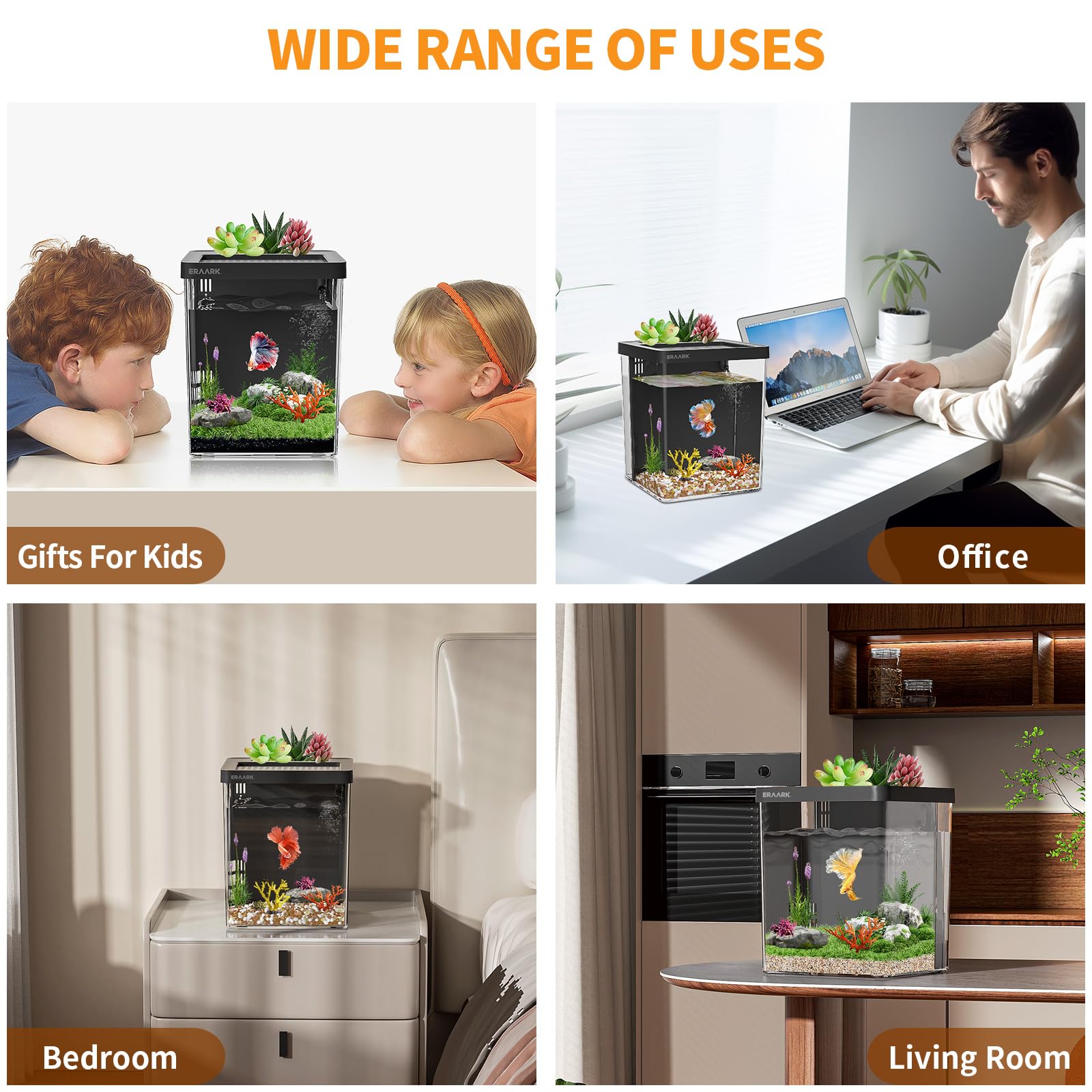 ERAARK Betta tank fits desks or shelves as a decorative accent