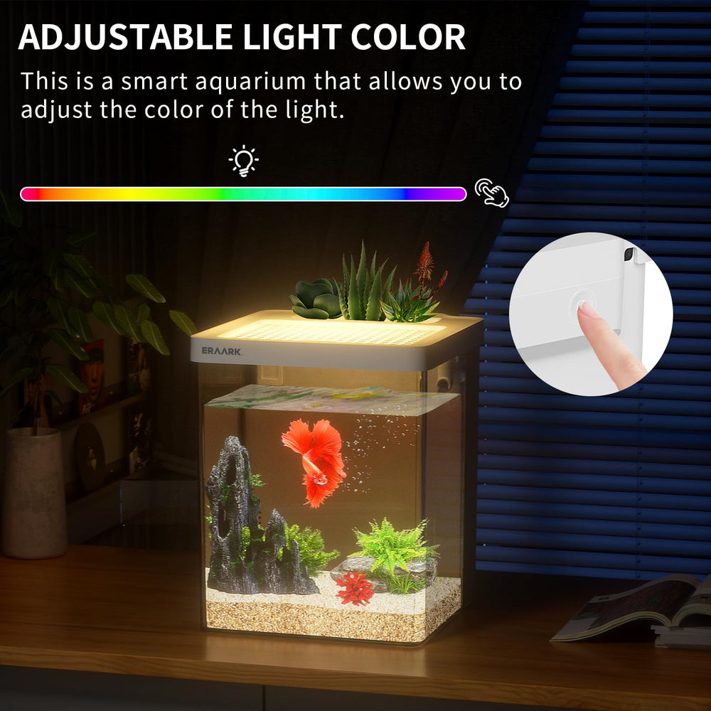 ERAARK Smart Betta Tank LED light demonstrates color options for vibrant underwater scenes