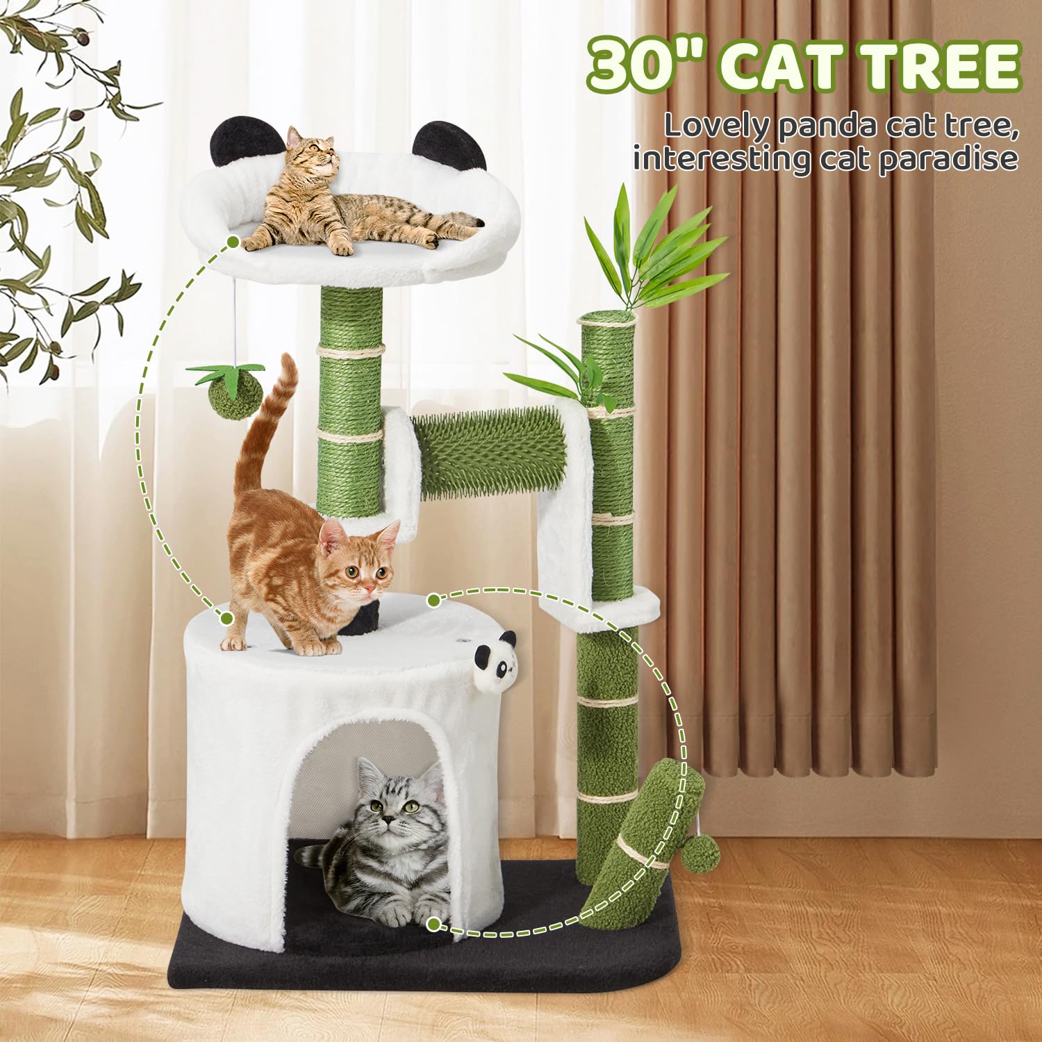 Erinnyees Panda Cat Tree sturdy base supports energetic climbing and safe landings.