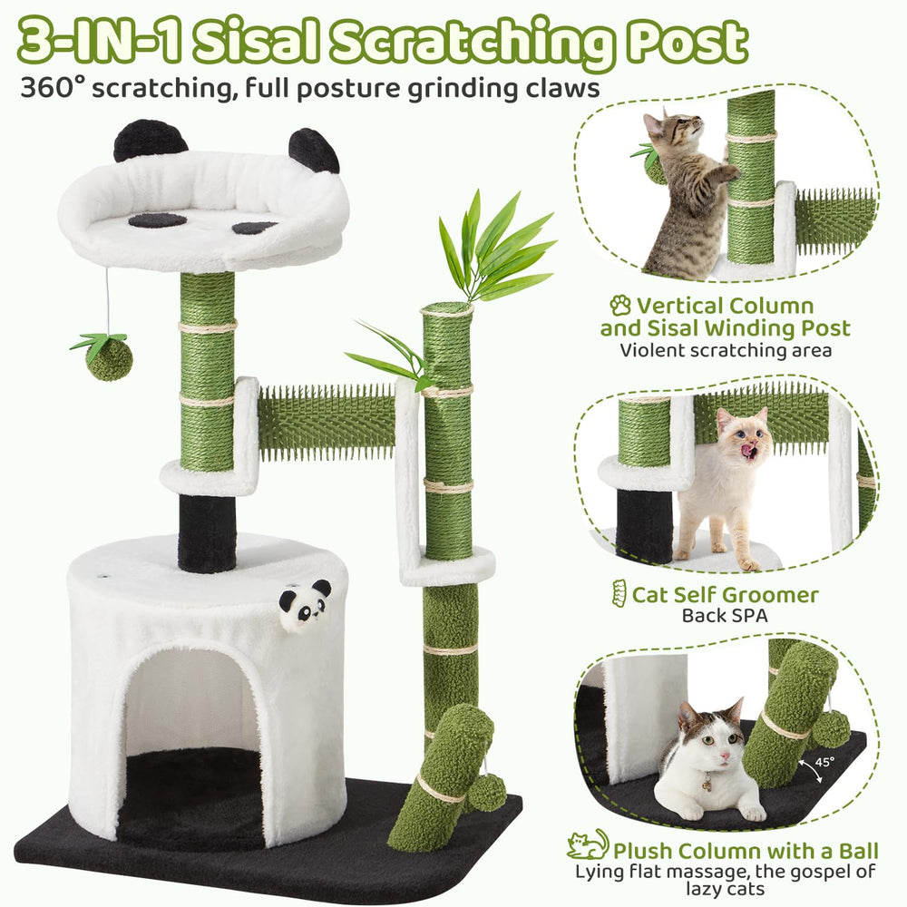 Erinnyees Panda Cat Tree bamboo posts mimic natural texture for scratching and exercise.