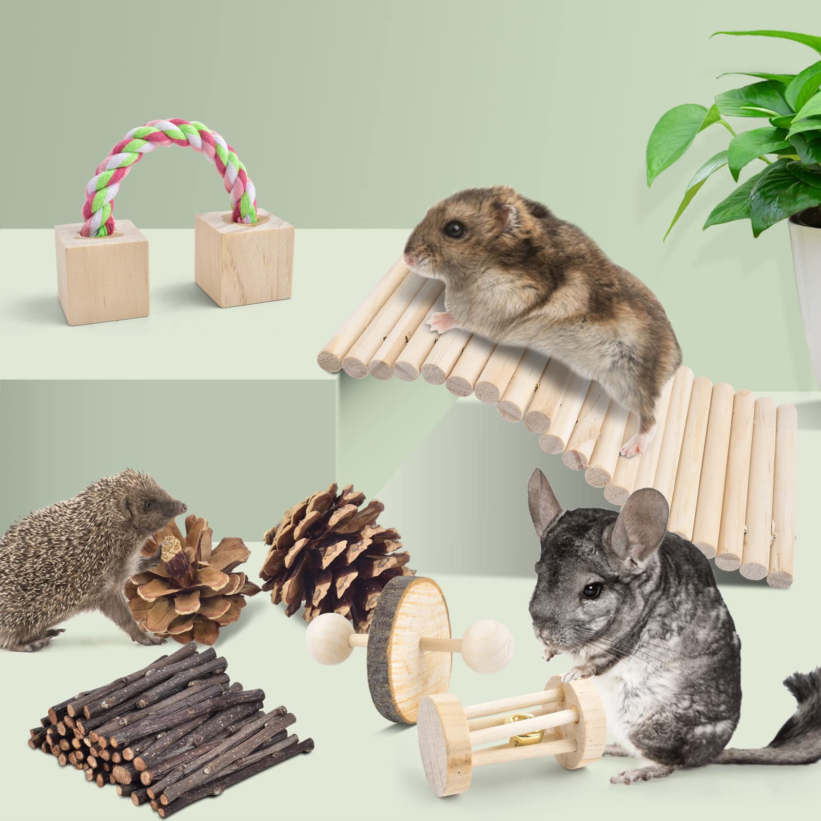 ERKOON 12-pack hamster chew toys square molar block with rope offers chewing and teething play.