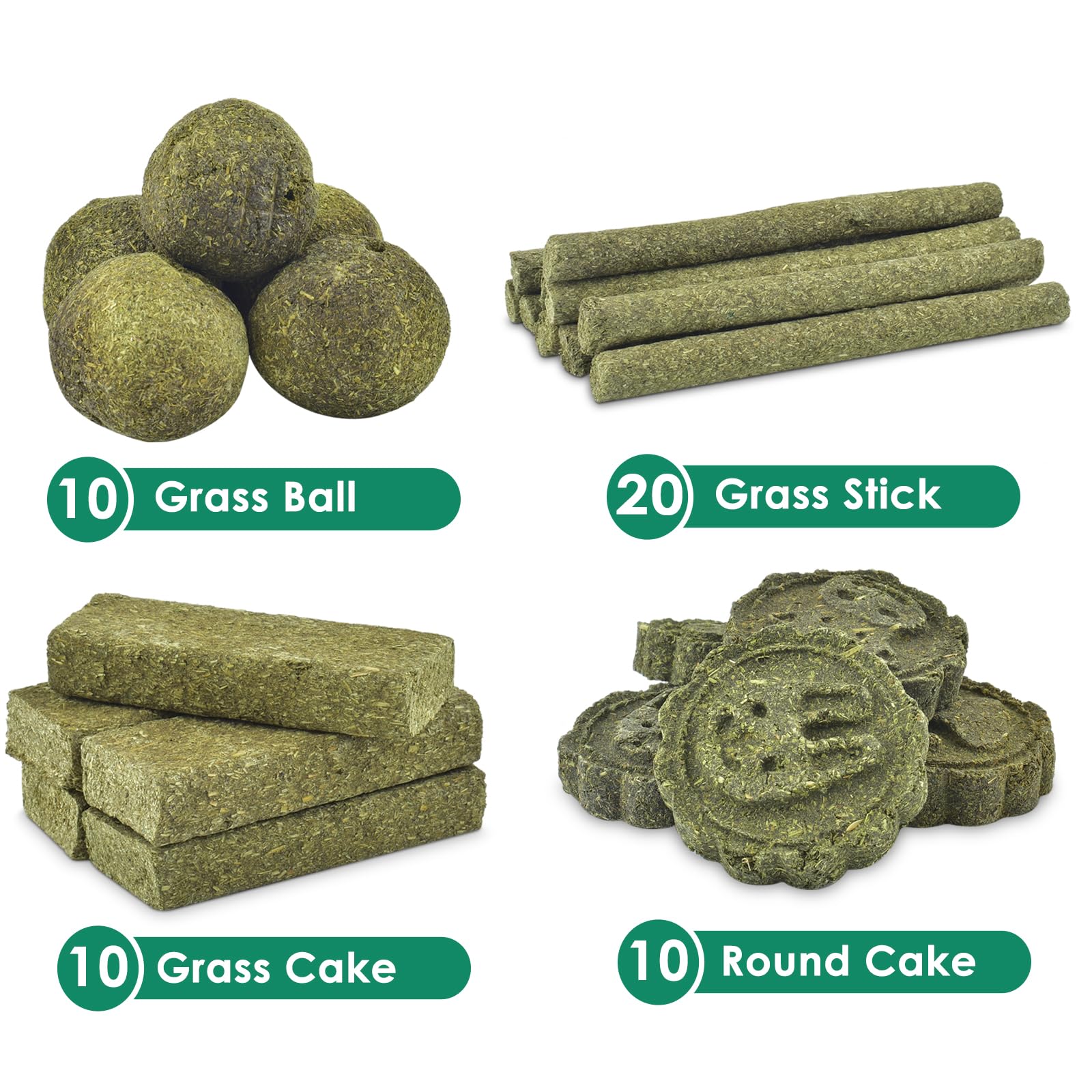ERKOON Timothy hay chews varied shapes stimulate curiosity and play.