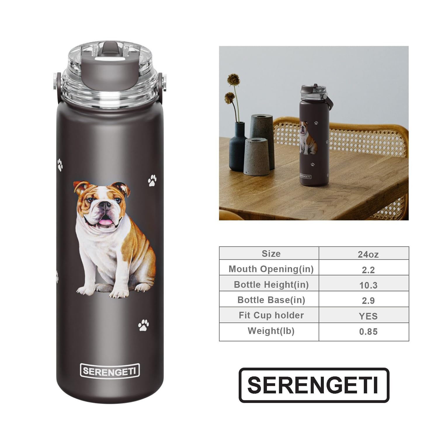 E&S Pets Serengeti bottle with glossy 3D finish highlights realistic dog texture.