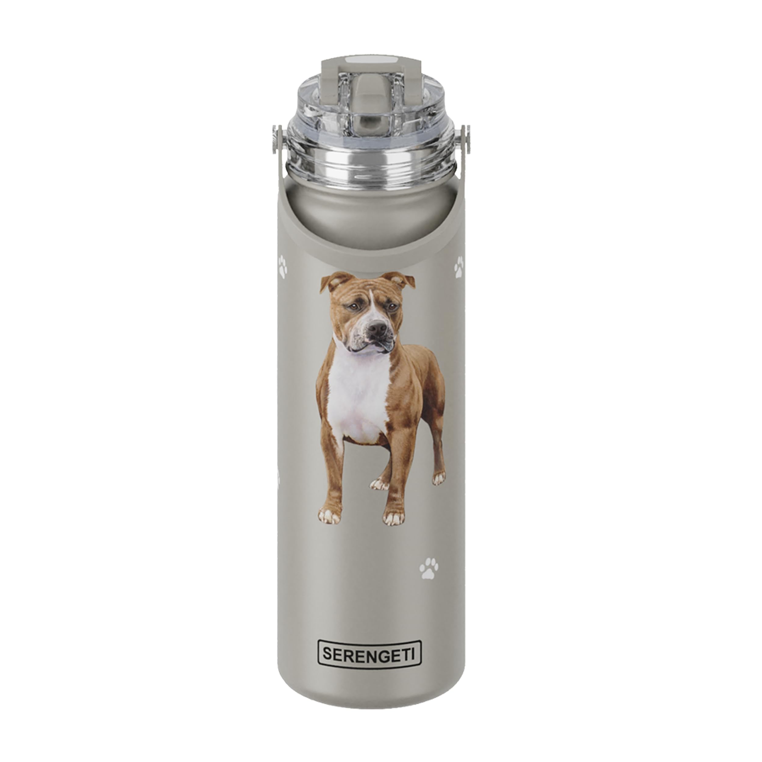 E&S Pets Serengeti 24 oz bottle features 3D pit bull art for on-the-go hydration.