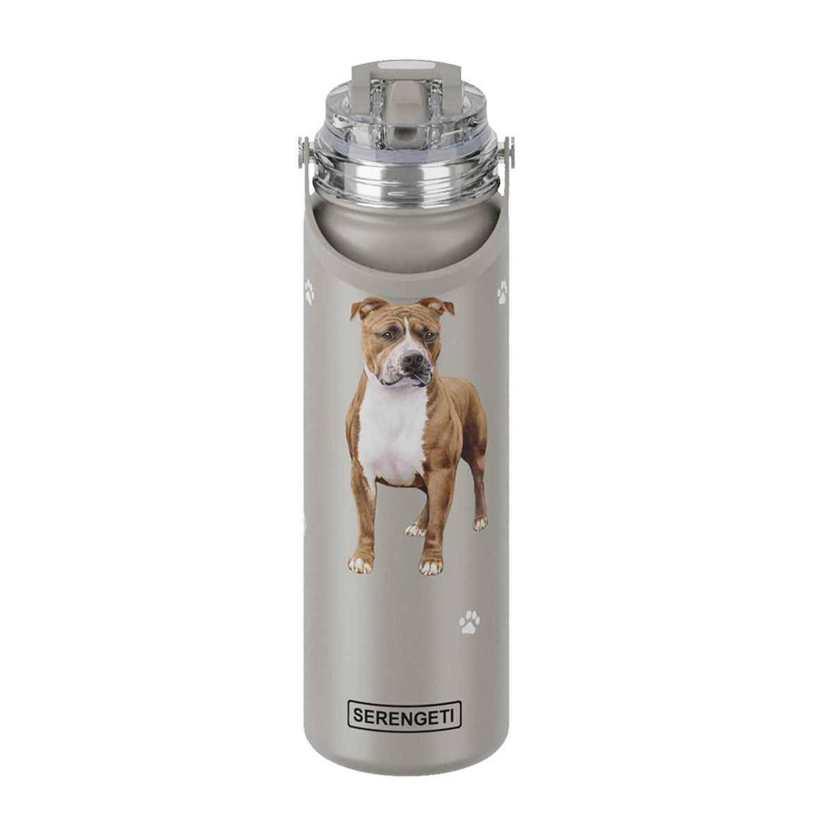 E&S Pets Serengeti 24 oz bottle features 3D pit bull art for on-the-go hydration.