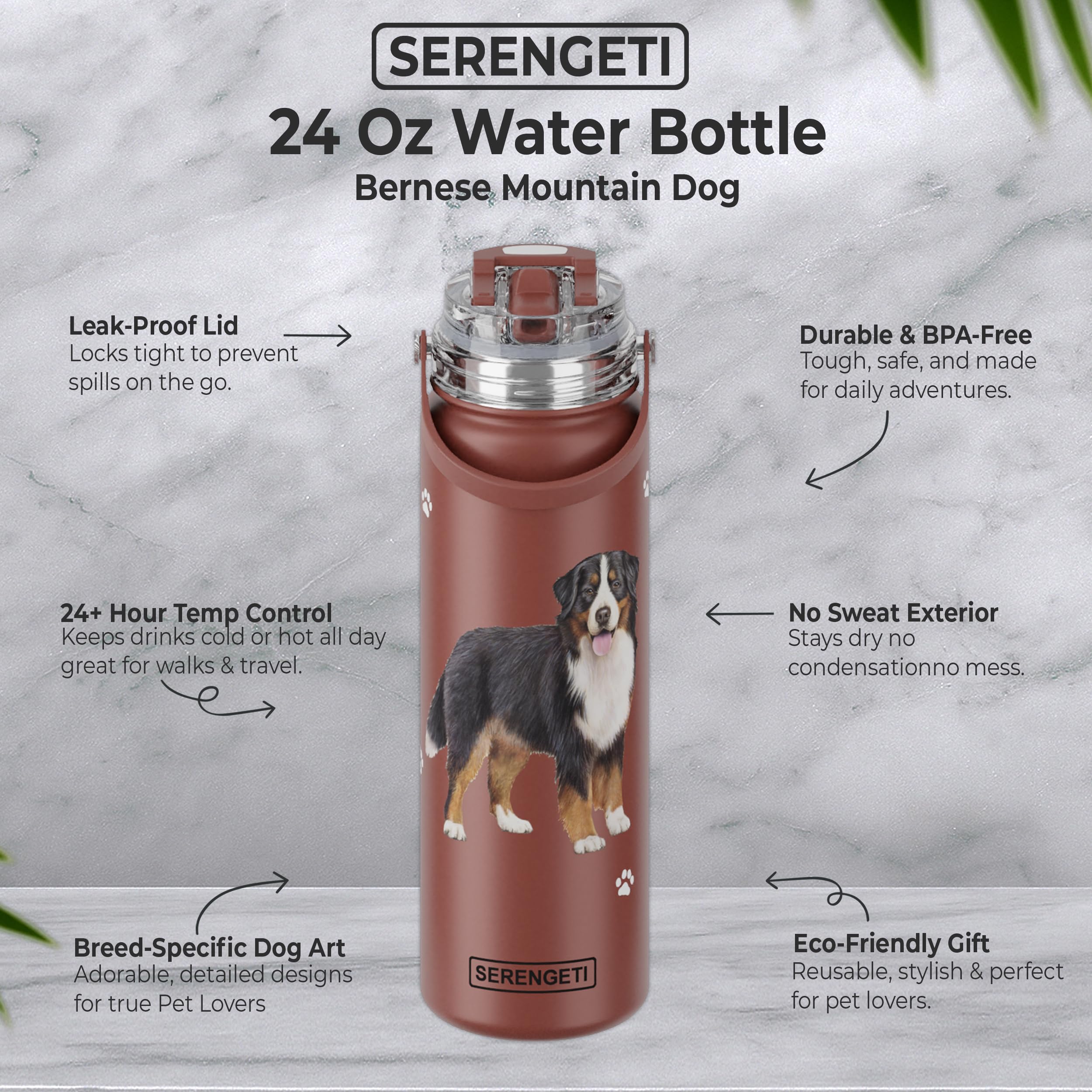 3D-printed Bernese dog art on Serengeti bottle with gloss finish.