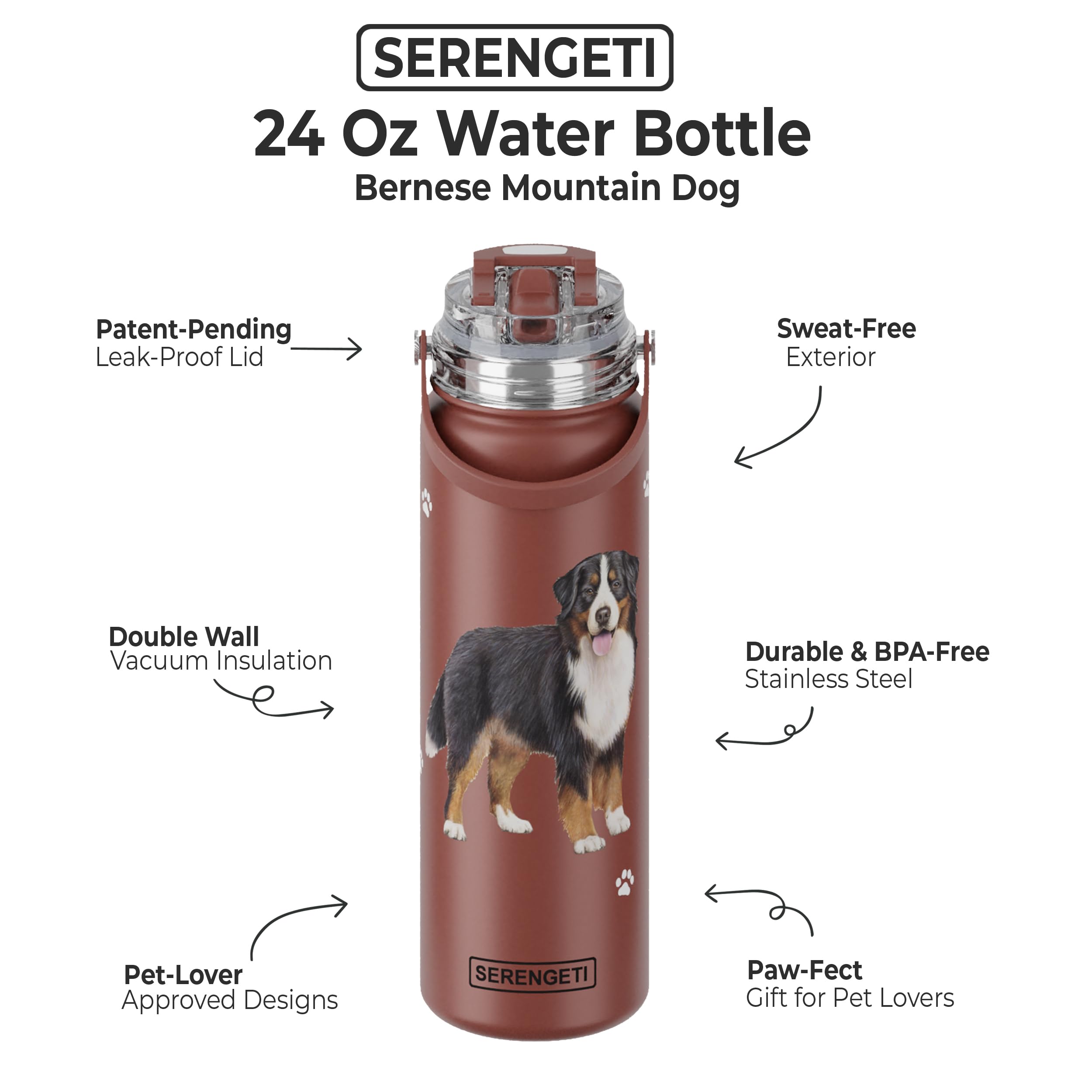Bernese Mountain Dog 3D artwork detail on the Serengeti bottle.