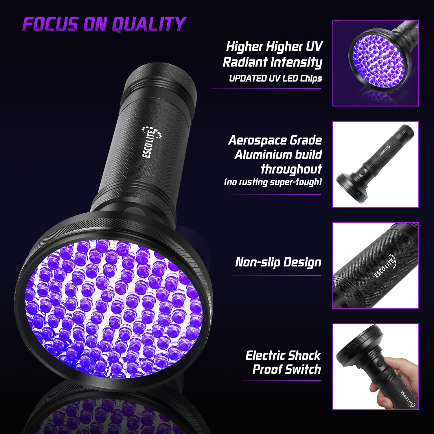 ESCO LITE UV Flashlight case included for safe travel.