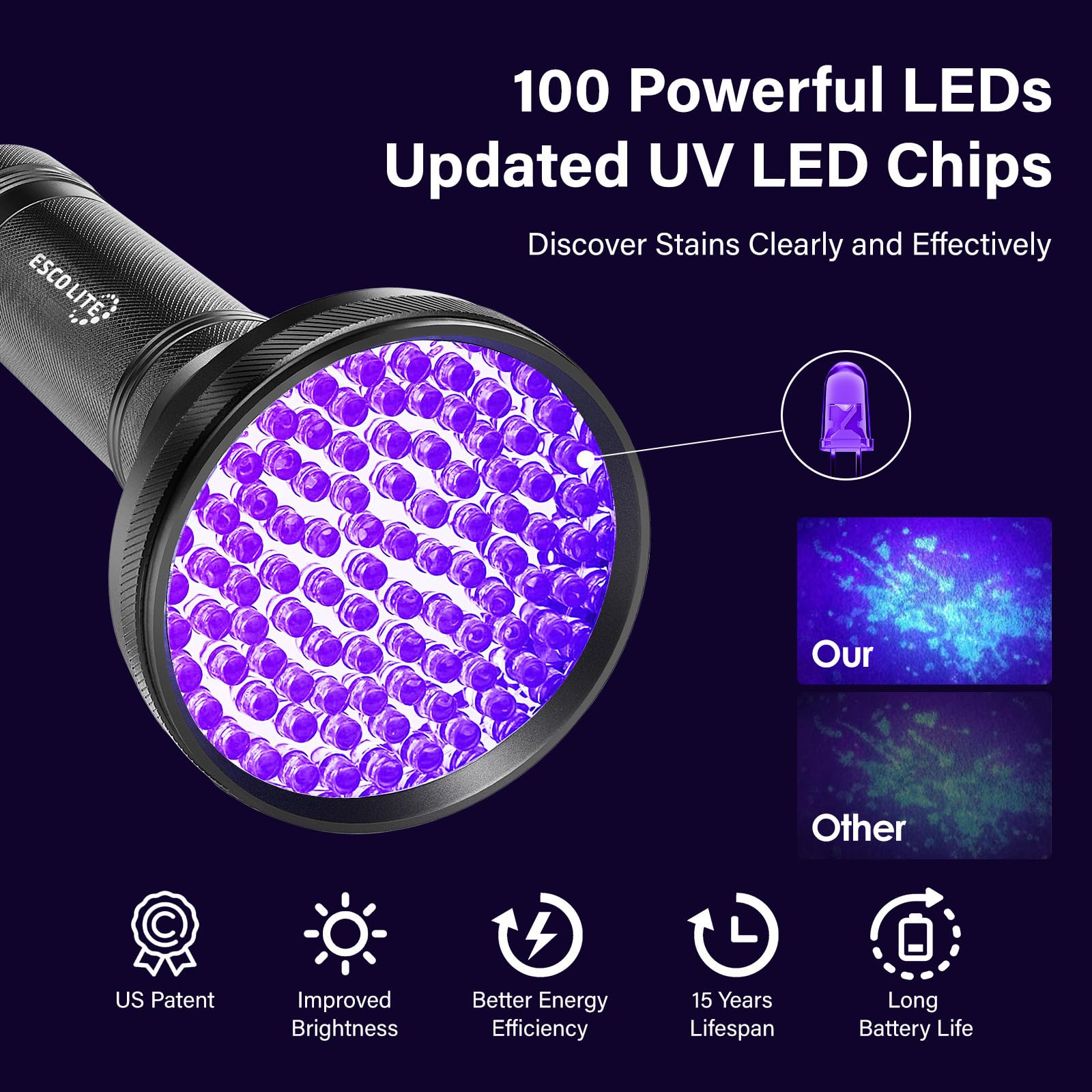 ESCO LITE UV Flashlight reveals dog urine traces glowing under 395 nm.