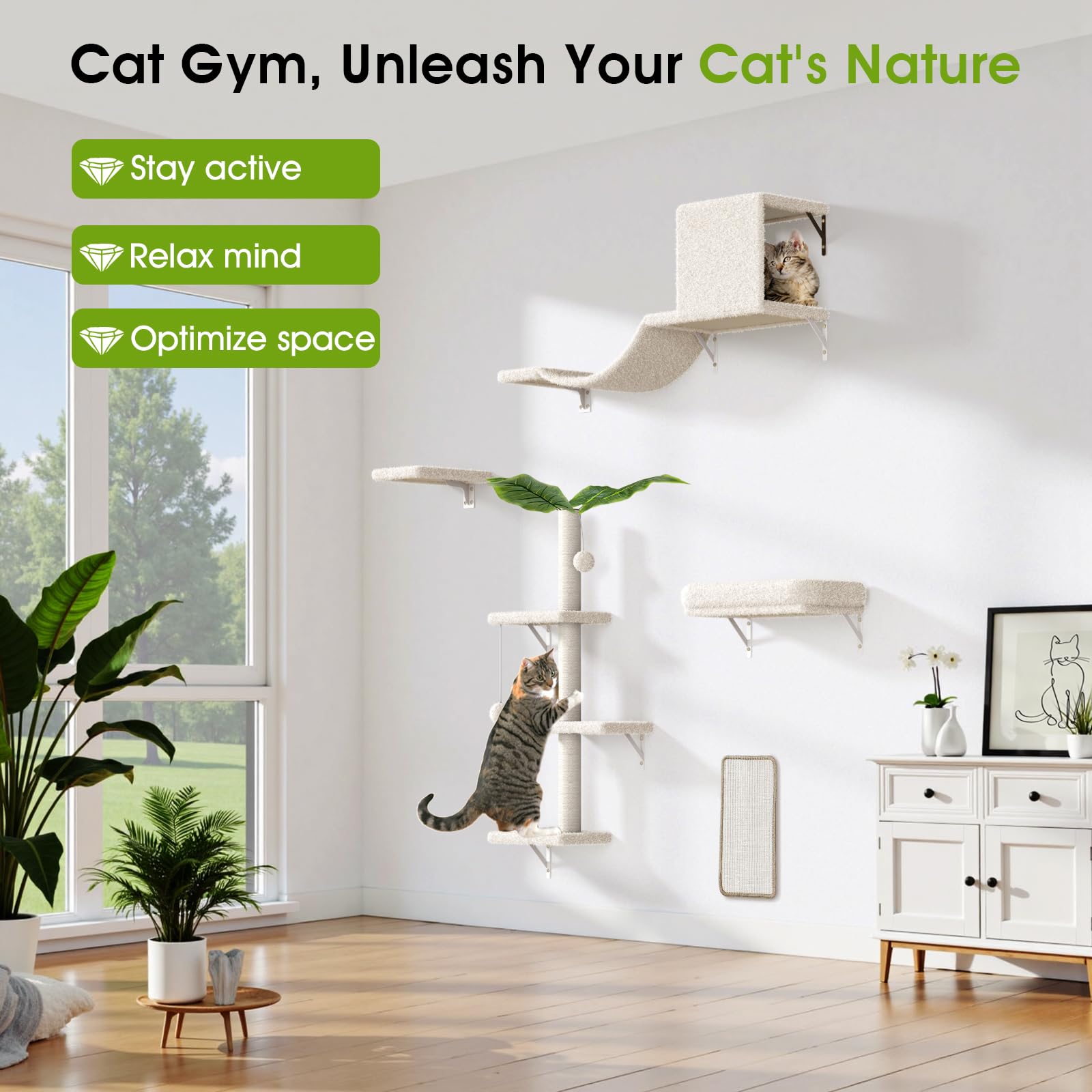 ESOTTE beige cat tree with rope invites climbing and perching after a busy day.