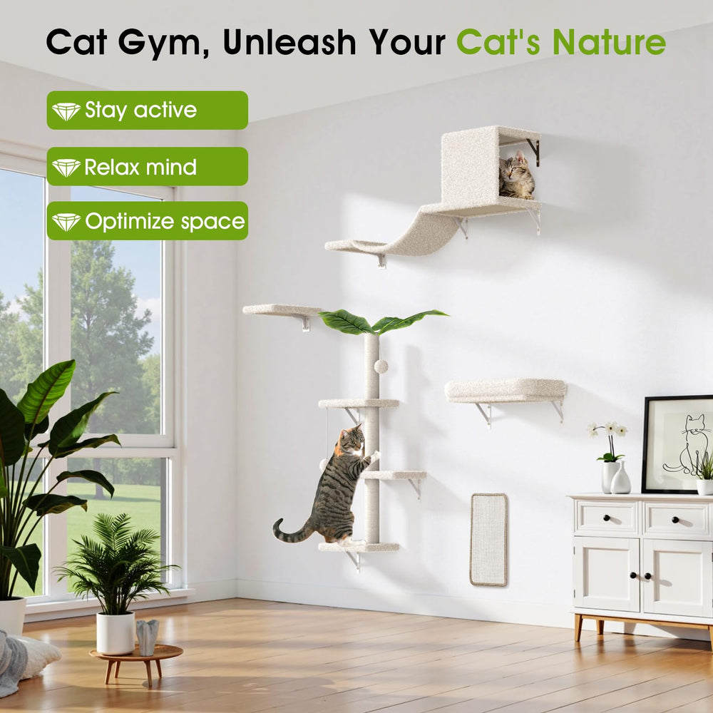 ESOTTE beige cat tree with rope invites climbing and perching after a busy day.