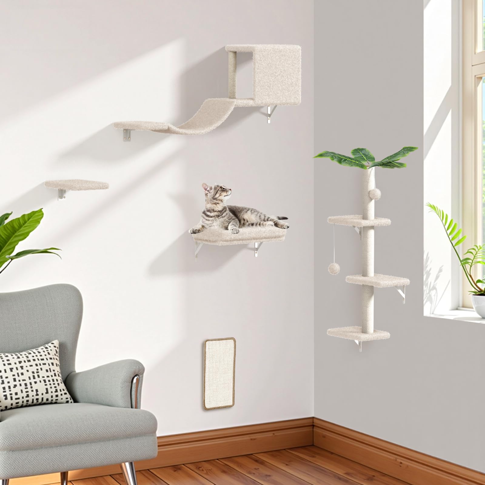 ESOTTE beige wall-mount decor blends with decor while keeping cats entertained.