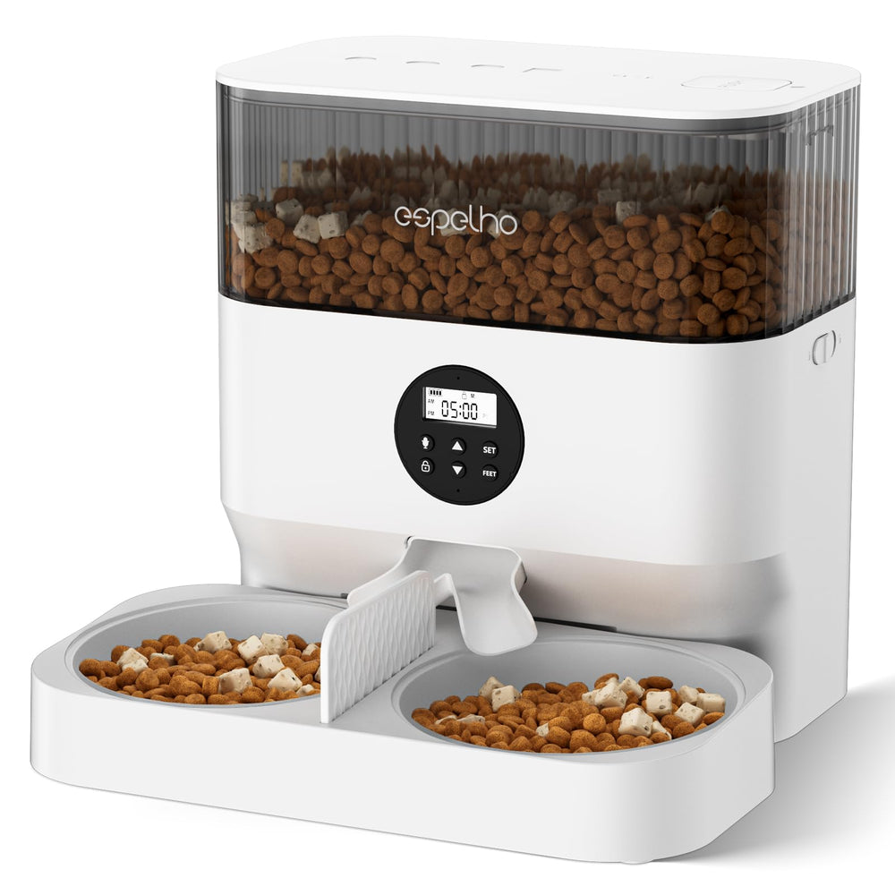 Espelho automatic cat feeder 2-way splitter shown with dual bowls for synchronized two-cat meals.