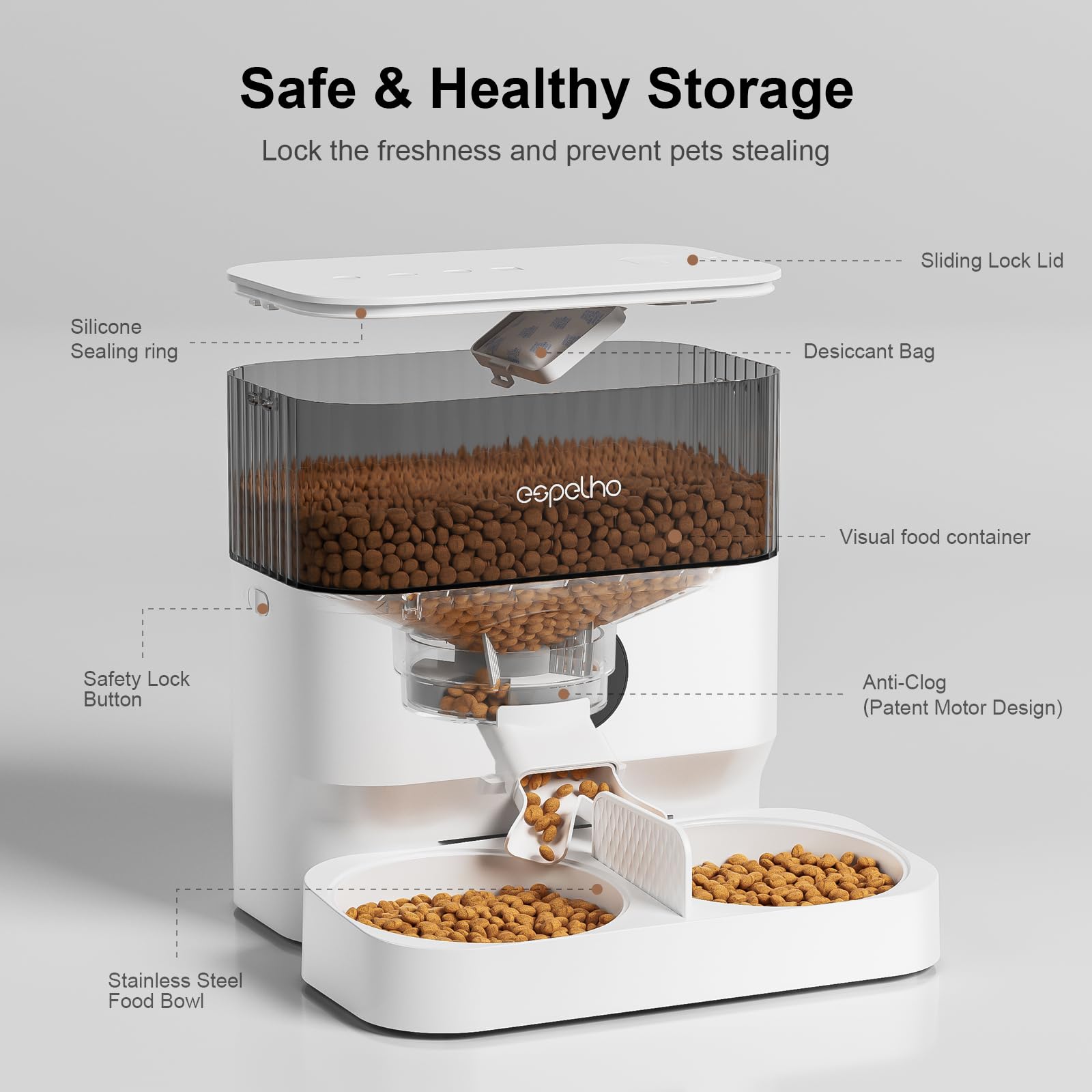 Espelho automatic cat feeder desiccant bag supports moisture control for fresh food.