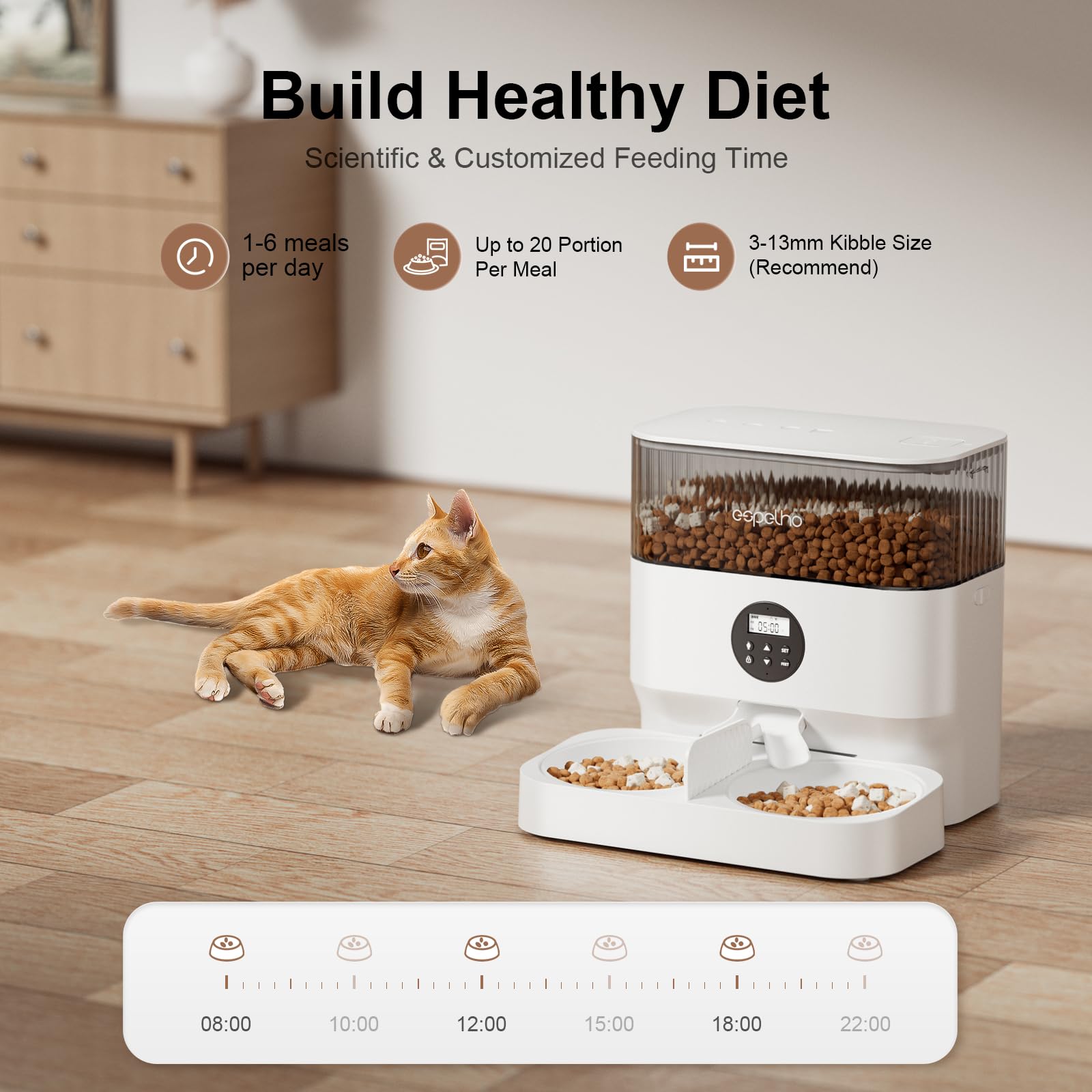 Espelho automatic cat feeder dual bowls enable calm, shared meals for two pets.