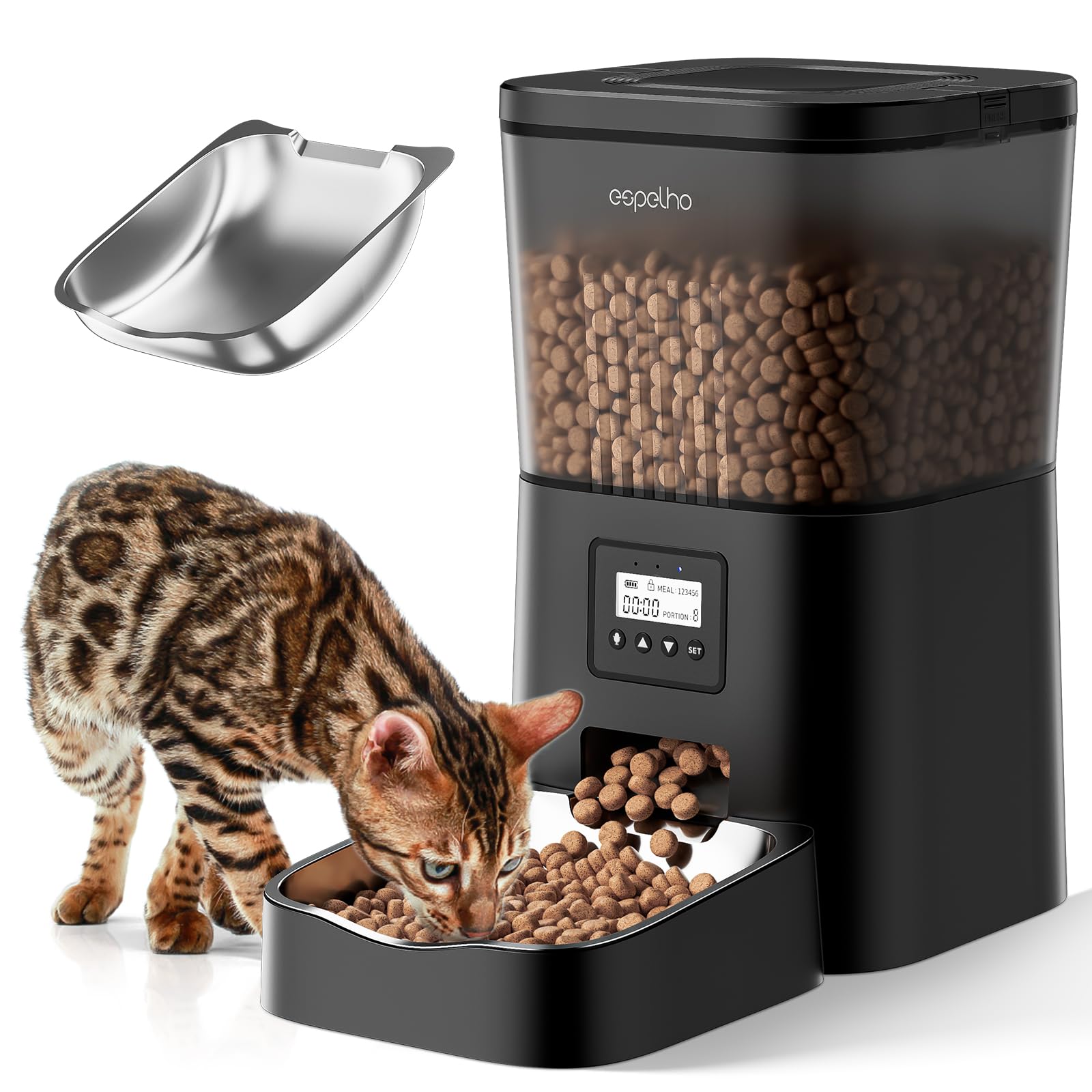 Espelho automatic cat feeder front view with timer panel for scheduled meals