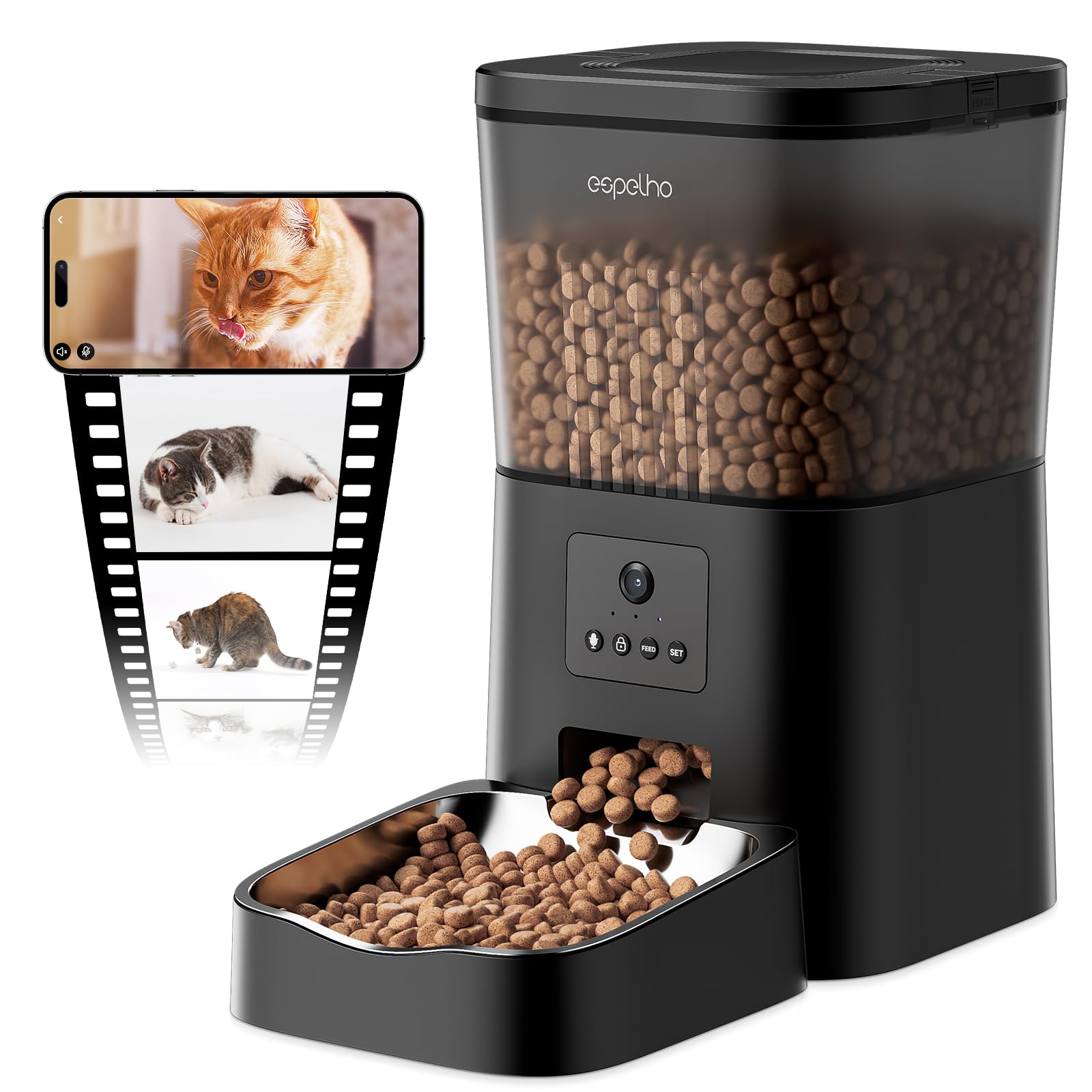 Espelho automatic cat feeder with HD camera for remote monitoring.