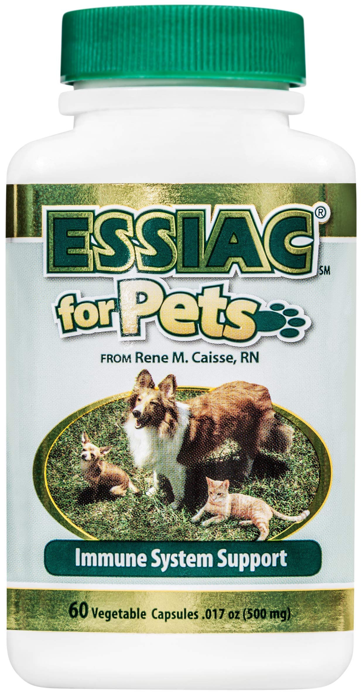 Essiac Pets bottle front highlights easy administration for dogs and cats.
