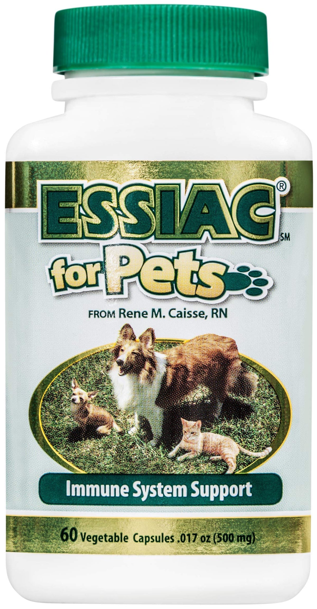 Essiac Pets bottle front highlights easy administration for dogs and cats.
