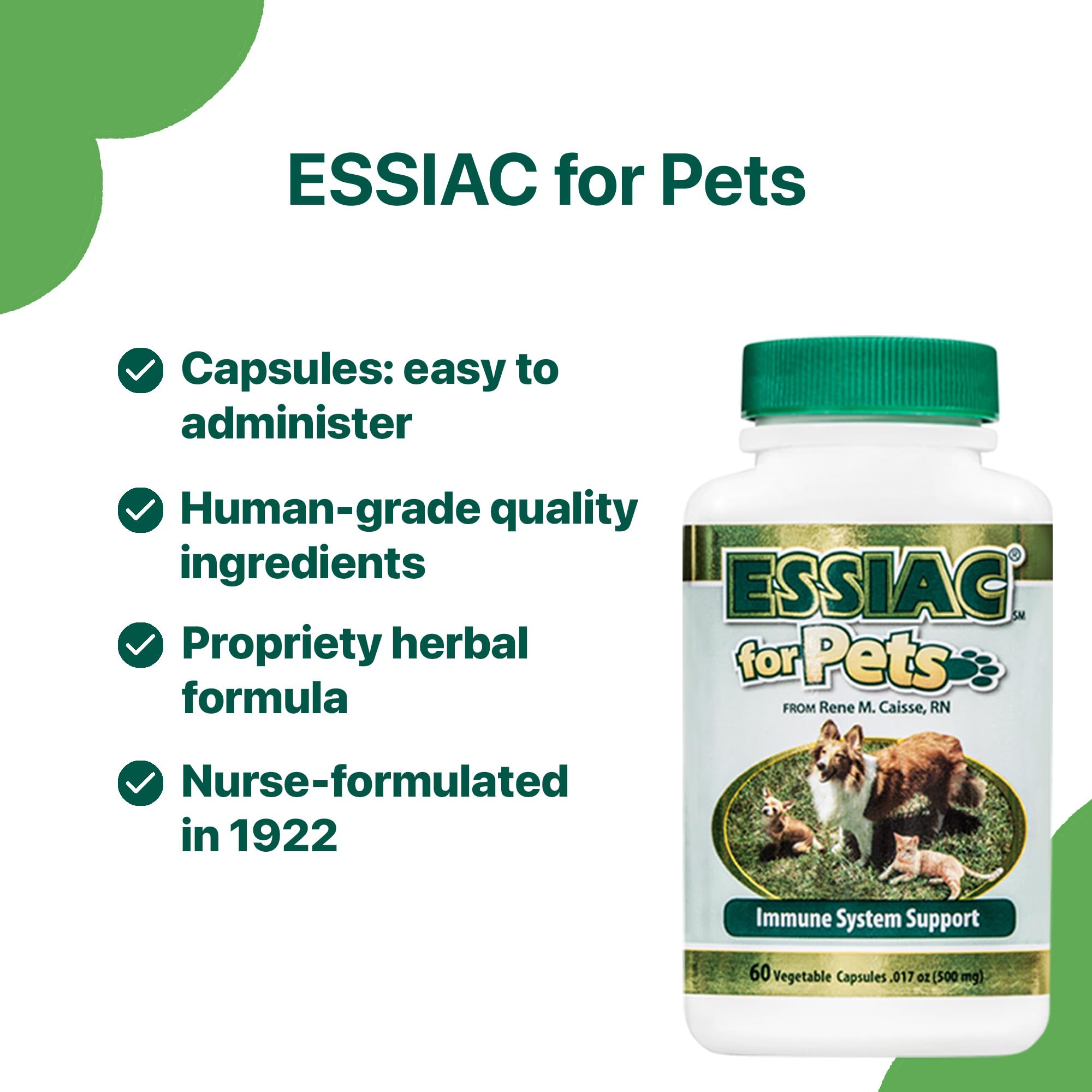 Essiac Pets label detail reveals natural herbal blend behind immune support.