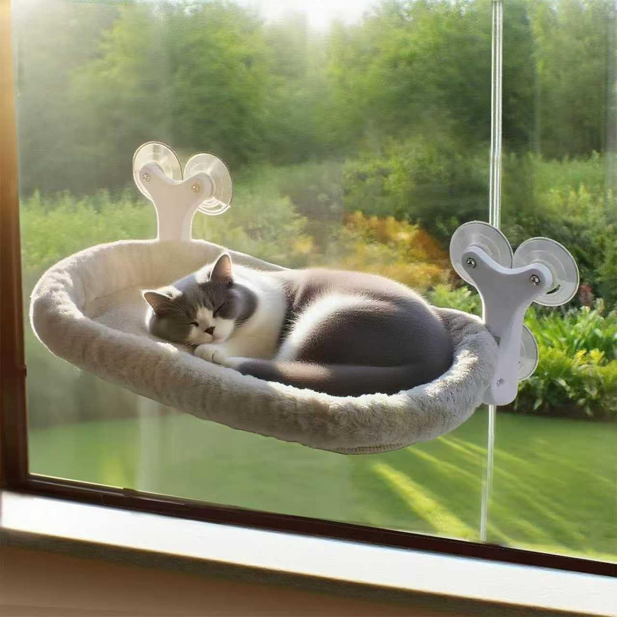 Essovee cat window perch with six suction cups for secure mounting and lounging