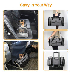 Estarer soft sided pet carrier in grey expanded to maximize space and comfort.