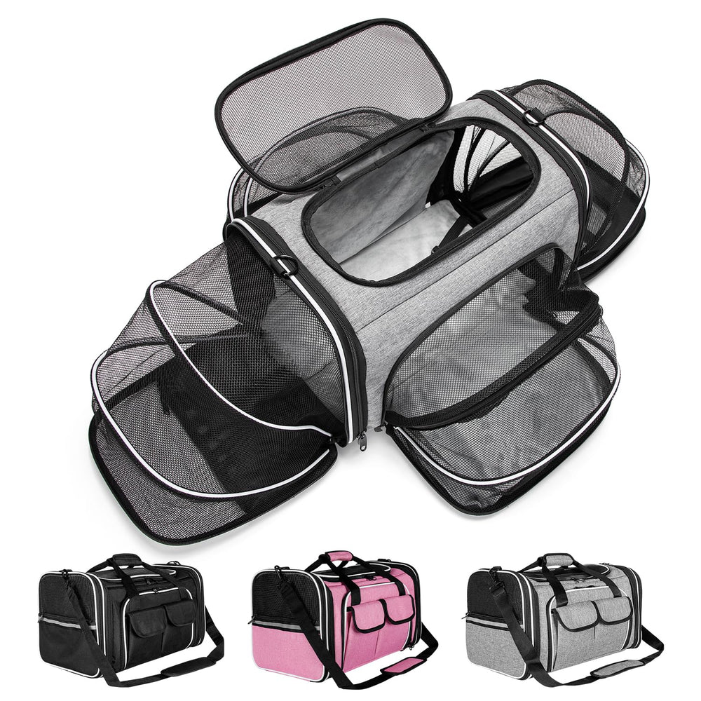 Estarer soft sided pet carrier in grey folded for compact storage and travel.