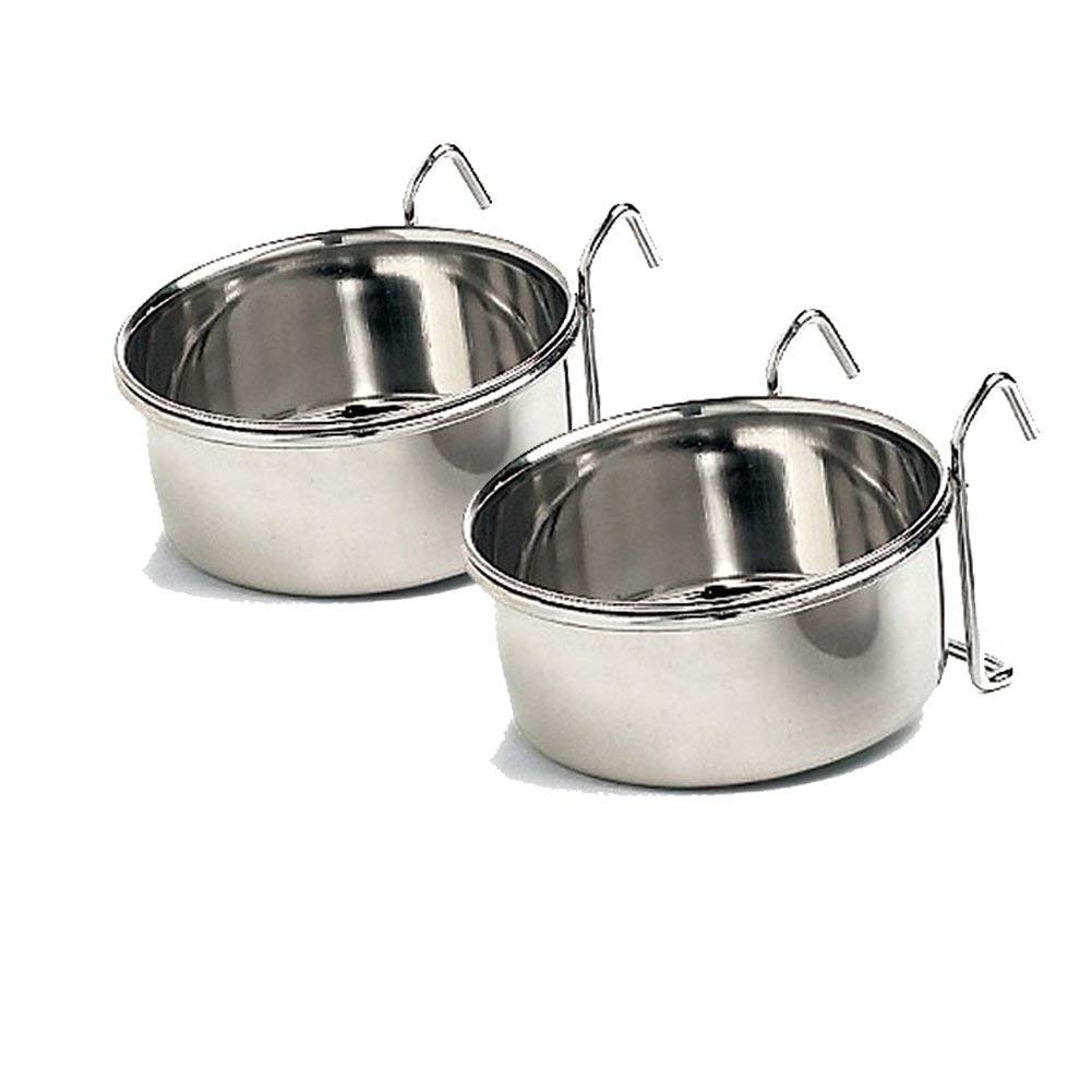 Ethical stainless steel coop cup attached to a dog crate for spill-free feeding.