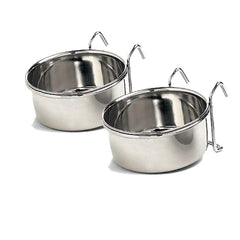 Ethical stainless steel coop cup attached to a dog crate for spill-free feeding.