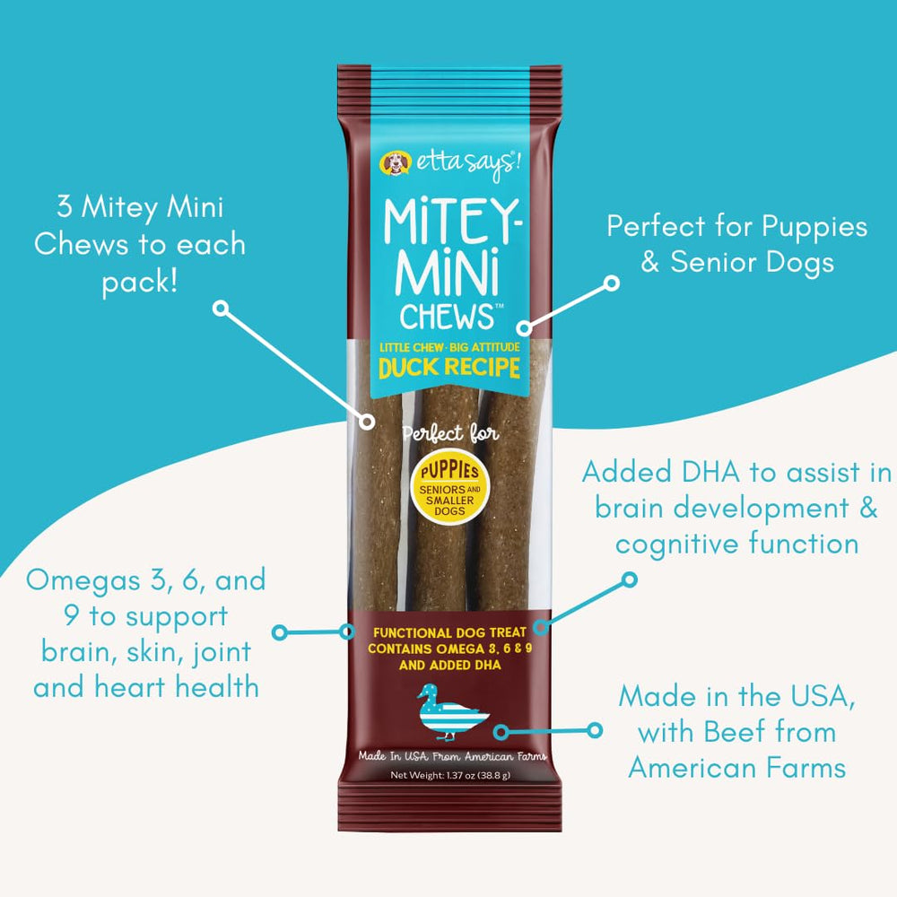 Etta Says Mitey Mini Chews duck flavor label communicates grain-free ingredients for sensitive stomachs.