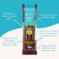 Etta Says Mitey Mini Chews duck flavor label communicates grain-free ingredients for sensitive stomachs.