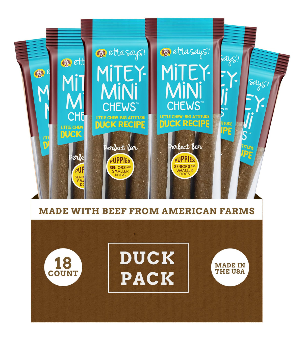 Etta Says Mitey Mini Chews packaging front highlights USA-made quality for puppy rewards.