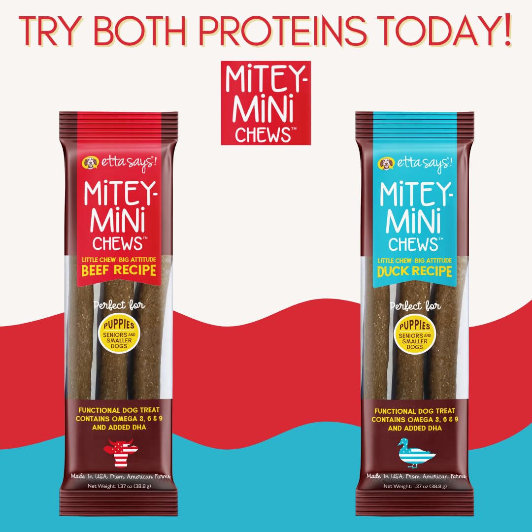 Etta Says Mitey Mini Chews puppy training time image shows small bites for gentle rewards.