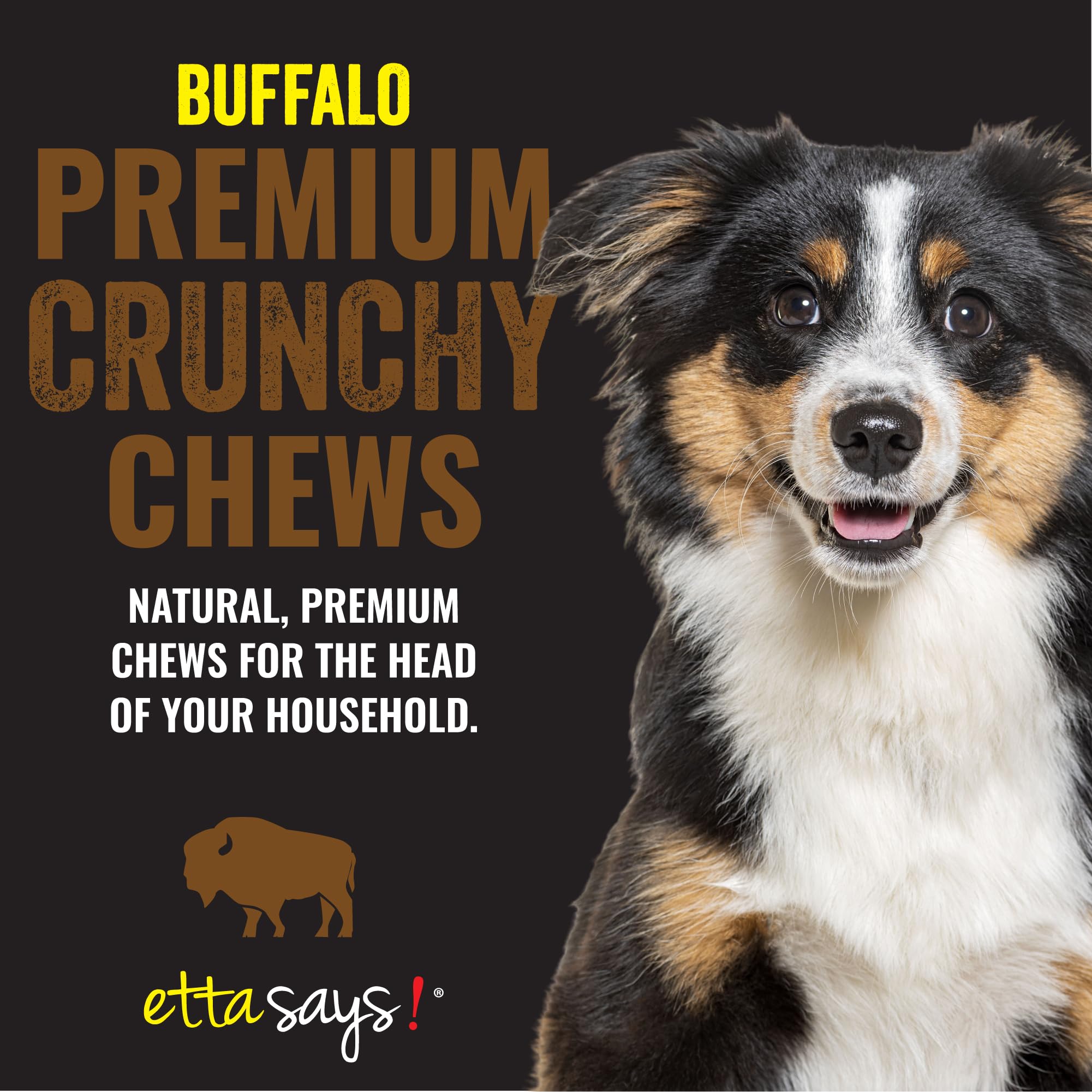 Etta Says Buffalo dog chew closeup texture highlights bite-friendly, teeth-cleaning potential.
